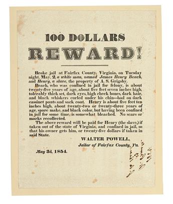 (SLAVERY AND ABOLITION.) GRIGSBY, A.S. 100 DOLLARS REWARD! Broke Jail at Fairfax County, Virginia on Tuesday night, May 2, a white man